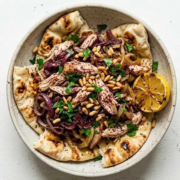 Chicken musakan with sumac onion,pineseed and wood fired pita